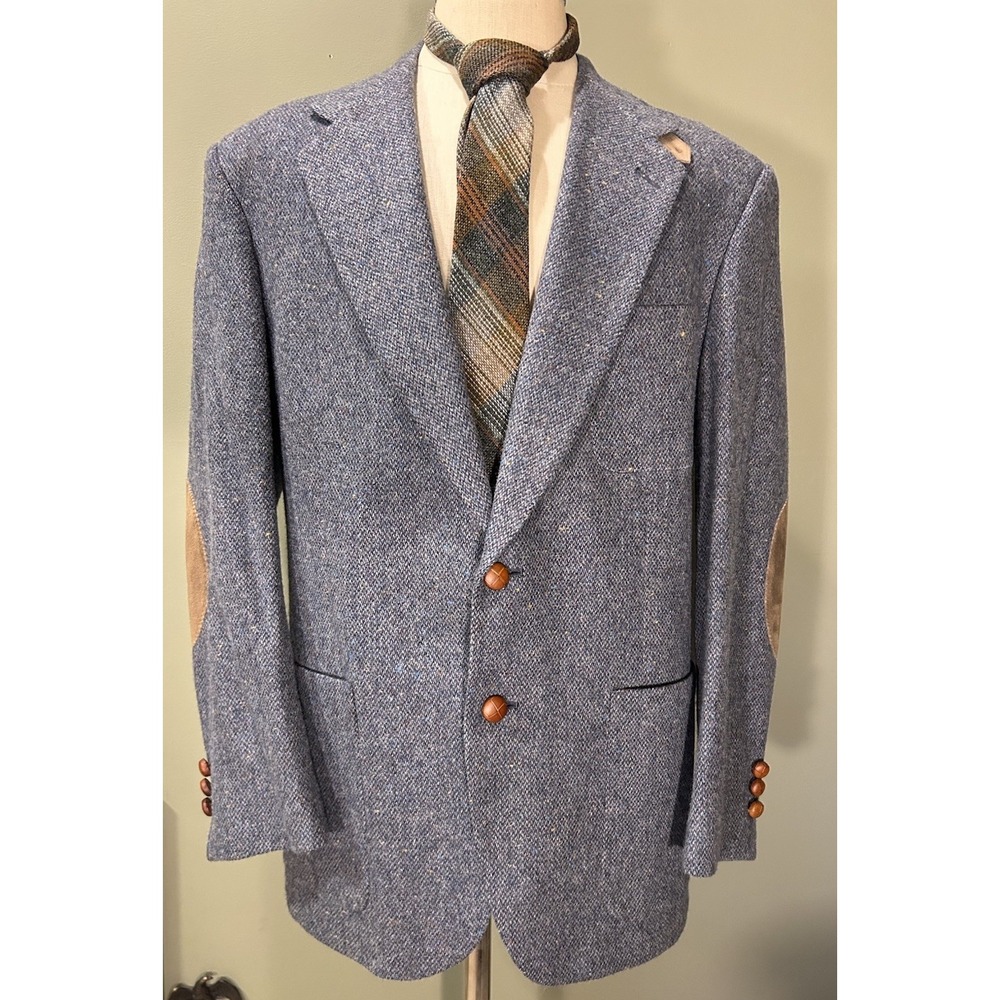 Stafford Tweed Blazer Blue Mens 43R Elbow Patches Flecked Lambswool Academia